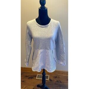 Marled Reunited Clothing Blouse size Small Gray T Shirt Top Blue White Striped
